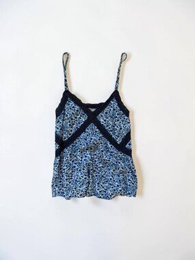 Aerie Blue Floral Lace Trim Cami Tank Top Boho Y2K Size Small